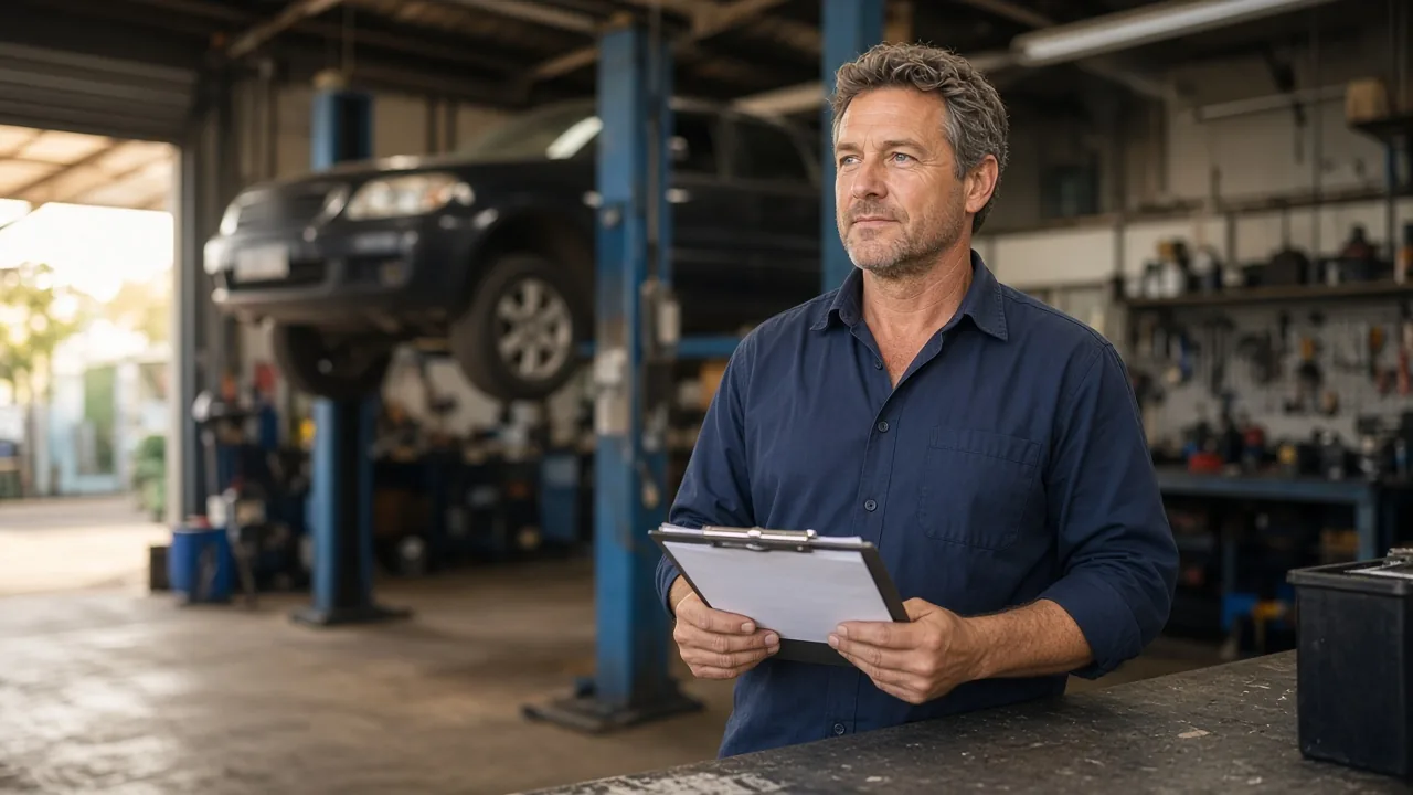 A workshop owner holding a clipboard stands at the service counter, with a car raised on a hoist behind him.