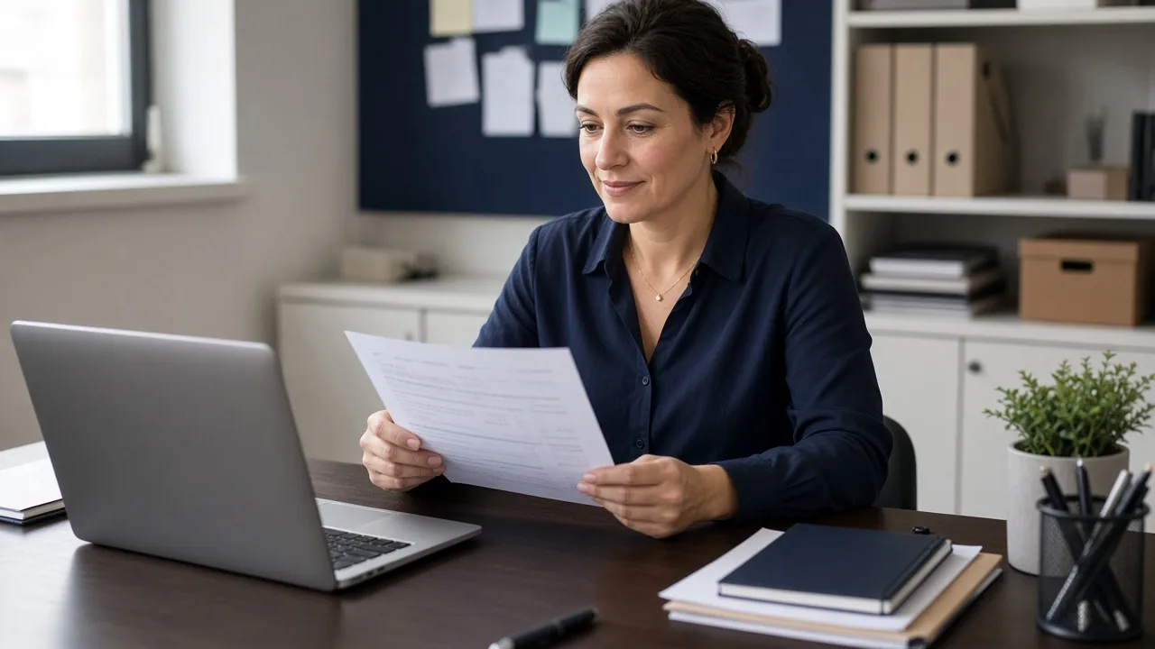 A business owner at a desk with a laptop reads through a printed statement.