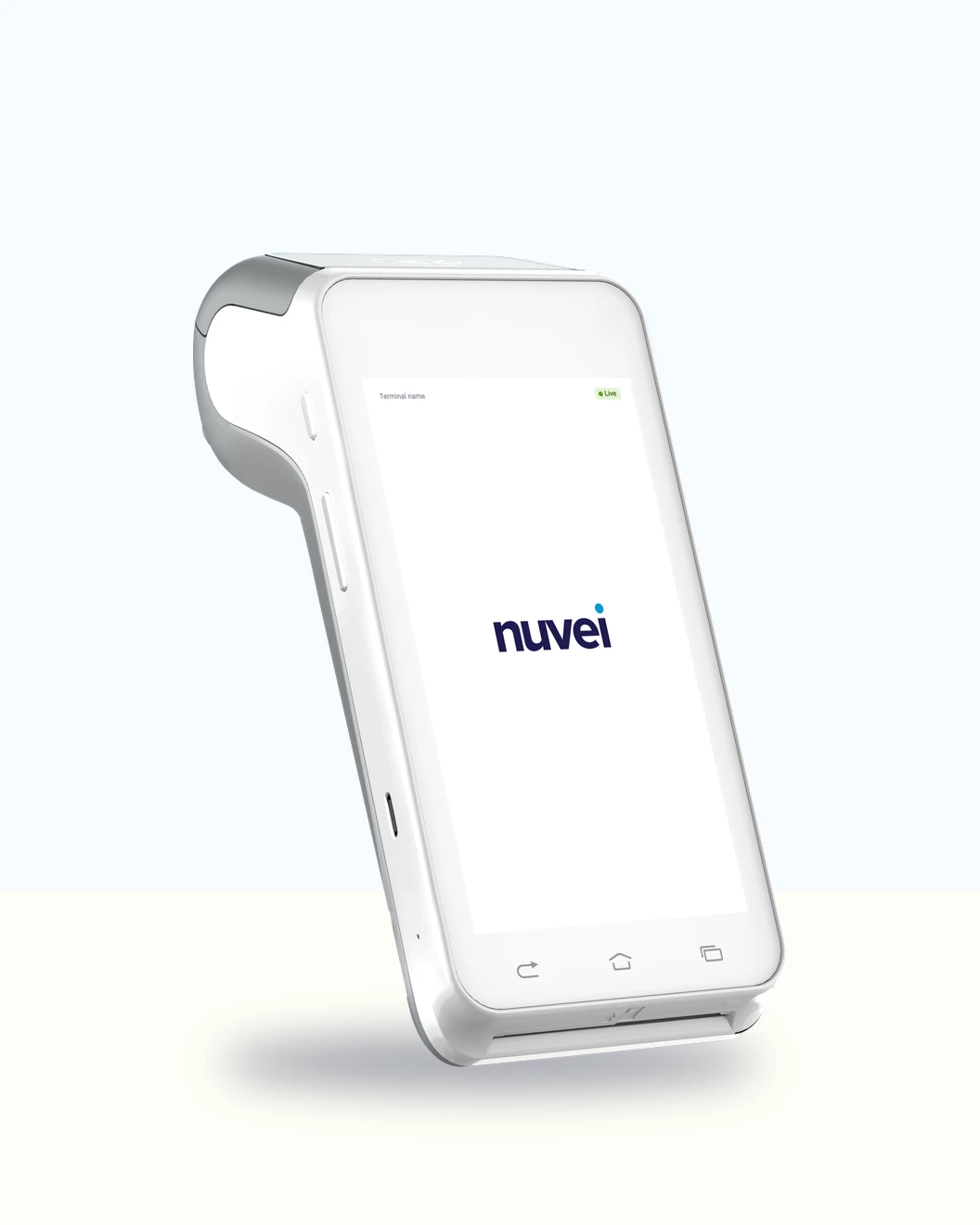Nuvei PAX A910s terminal with the Nuvei logo on screen, on a plain studio surface.