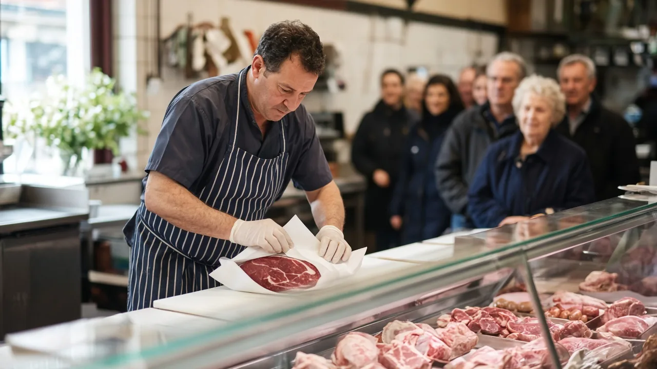 A butcher in a striped apron wraps a cut of beef in paper behind the display case while customers queue.